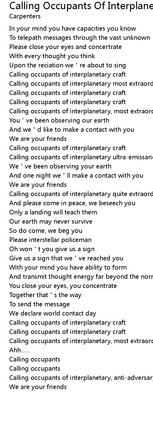Miljard bijl engineering Calling Occupants Of Interplanetary Craft Lyrics - Follow Lyrics