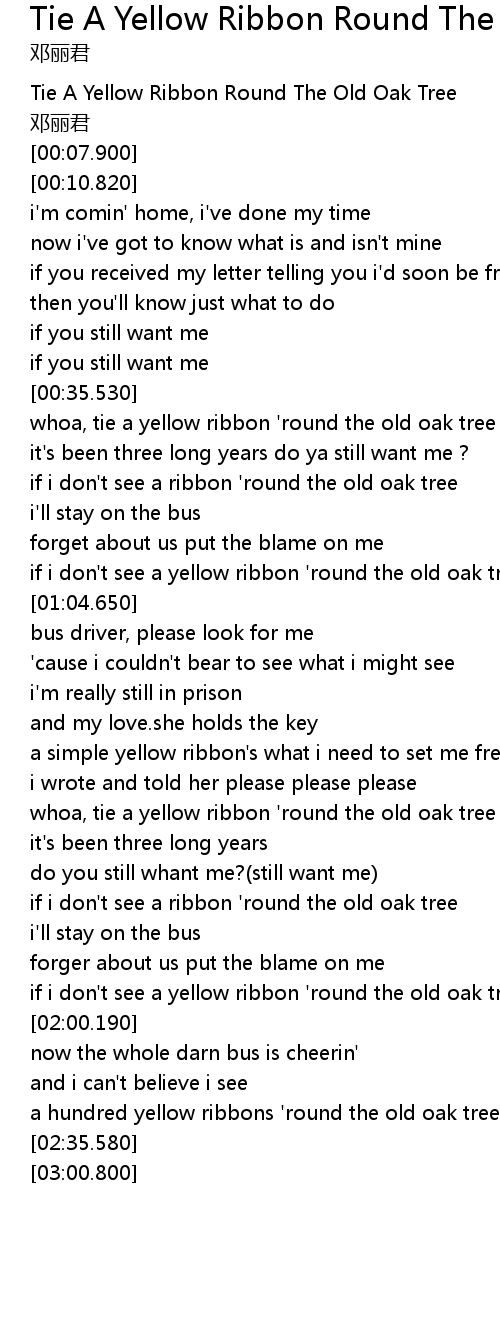 Tie A Yellow Ribbon Round The Old Oak Tree Lyrics Follow Lyrics