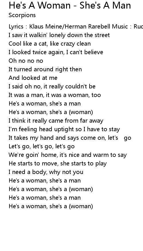 He's A Woman She's A Man Lyrics Follow Lyrics