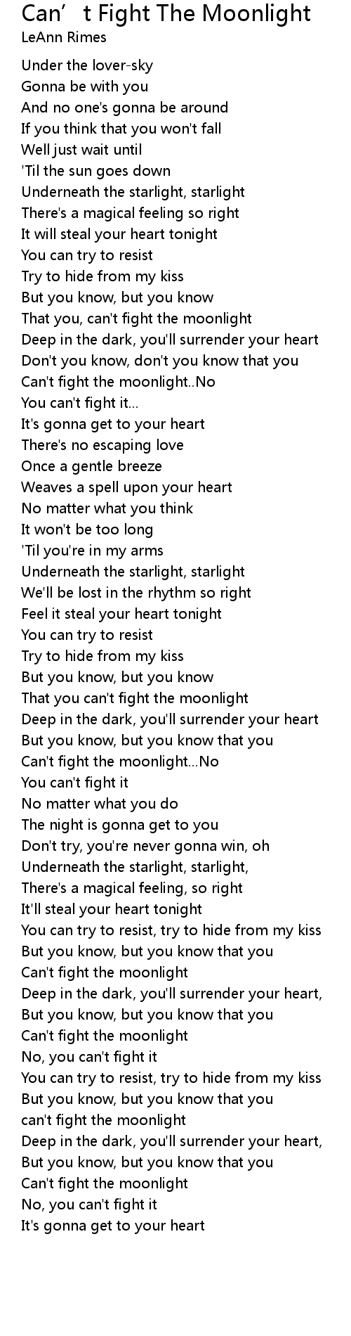 Can T Fight The Moonlight Can T Fight The Moonlight Lyrics Follow Lyrics