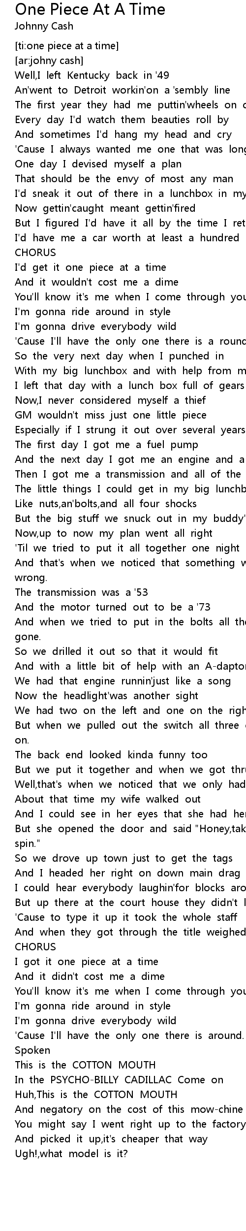 One Piece At A Time Lyrics Follow Lyrics