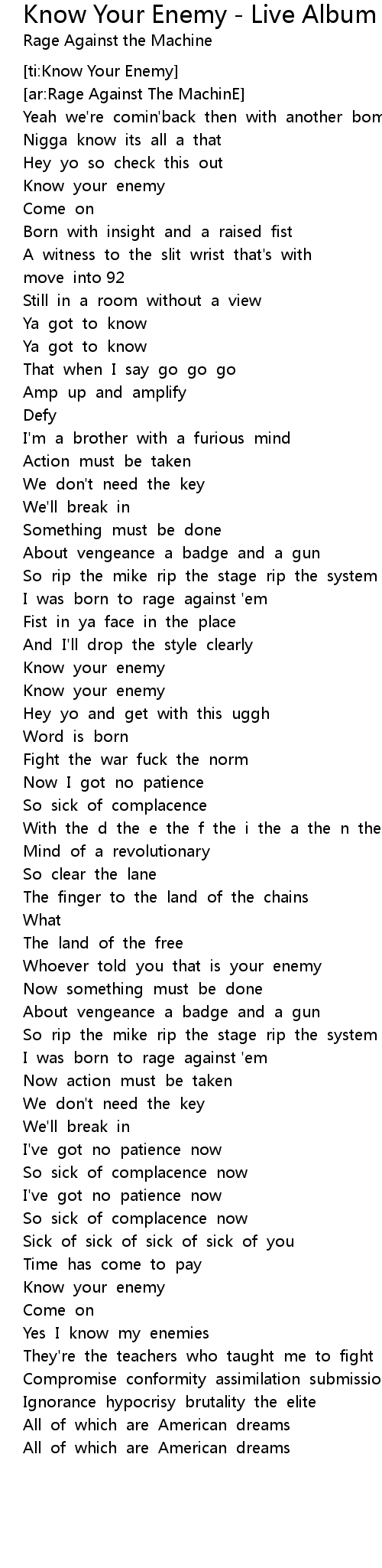 Know Your Enemy Live Album Version Lyrics Follow Lyrics