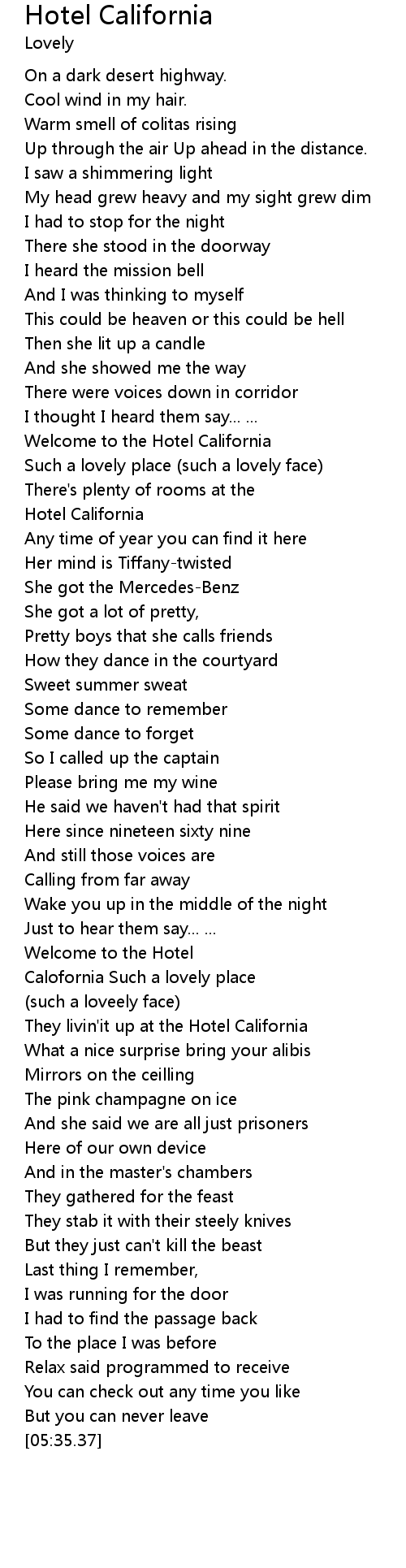 Hotel California Lyrics Follow Lyrics