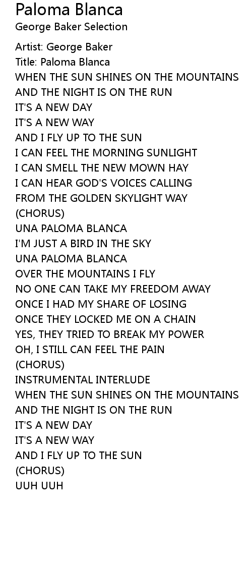 Paloma Blanca Lyrics Follow Lyrics paloma blanca lyrics follow lyrics