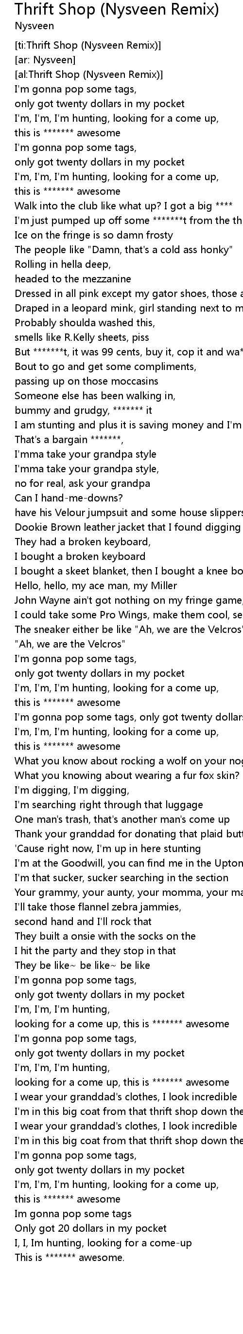Thrift Shop Nysveen Remix Lyrics Follow Lyrics 20 dollars in my pocket lyrics mp3 & mp4. thrift shop nysveen remix lyrics
