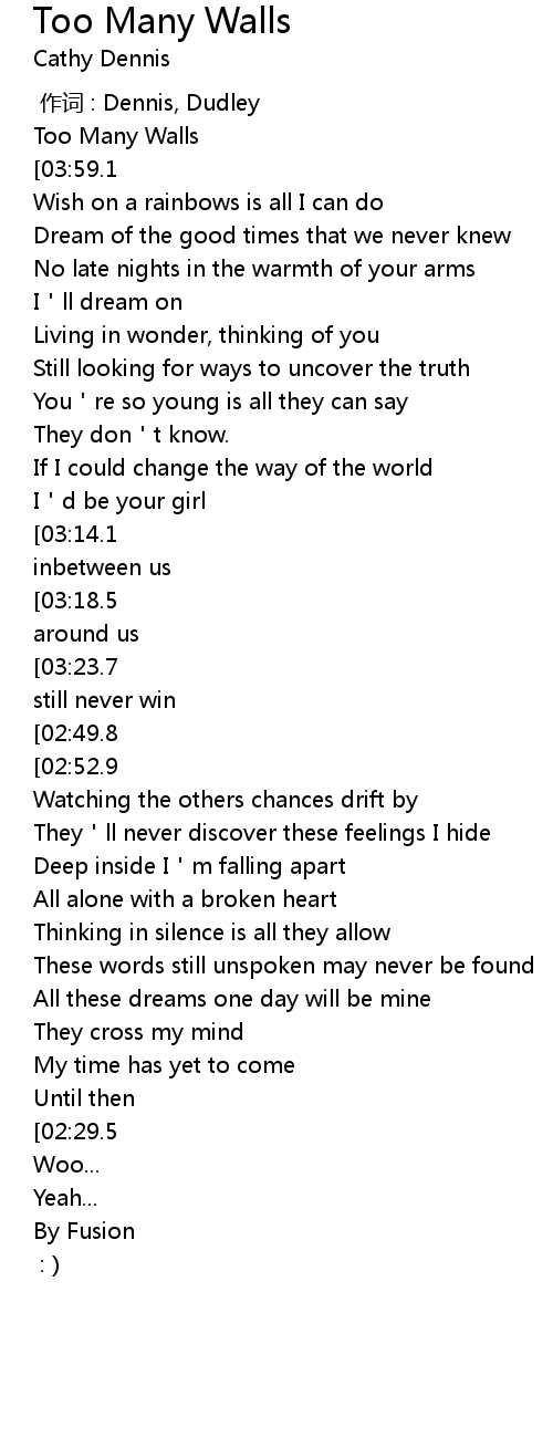 Too Many Walls Lyrics Follow Lyrics follow lyrics