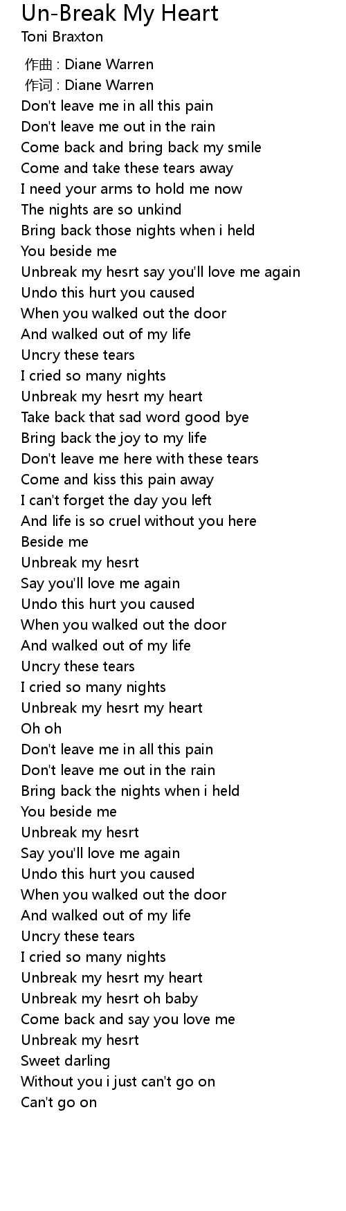 Un Break My Heart Lyrics Follow Lyrics